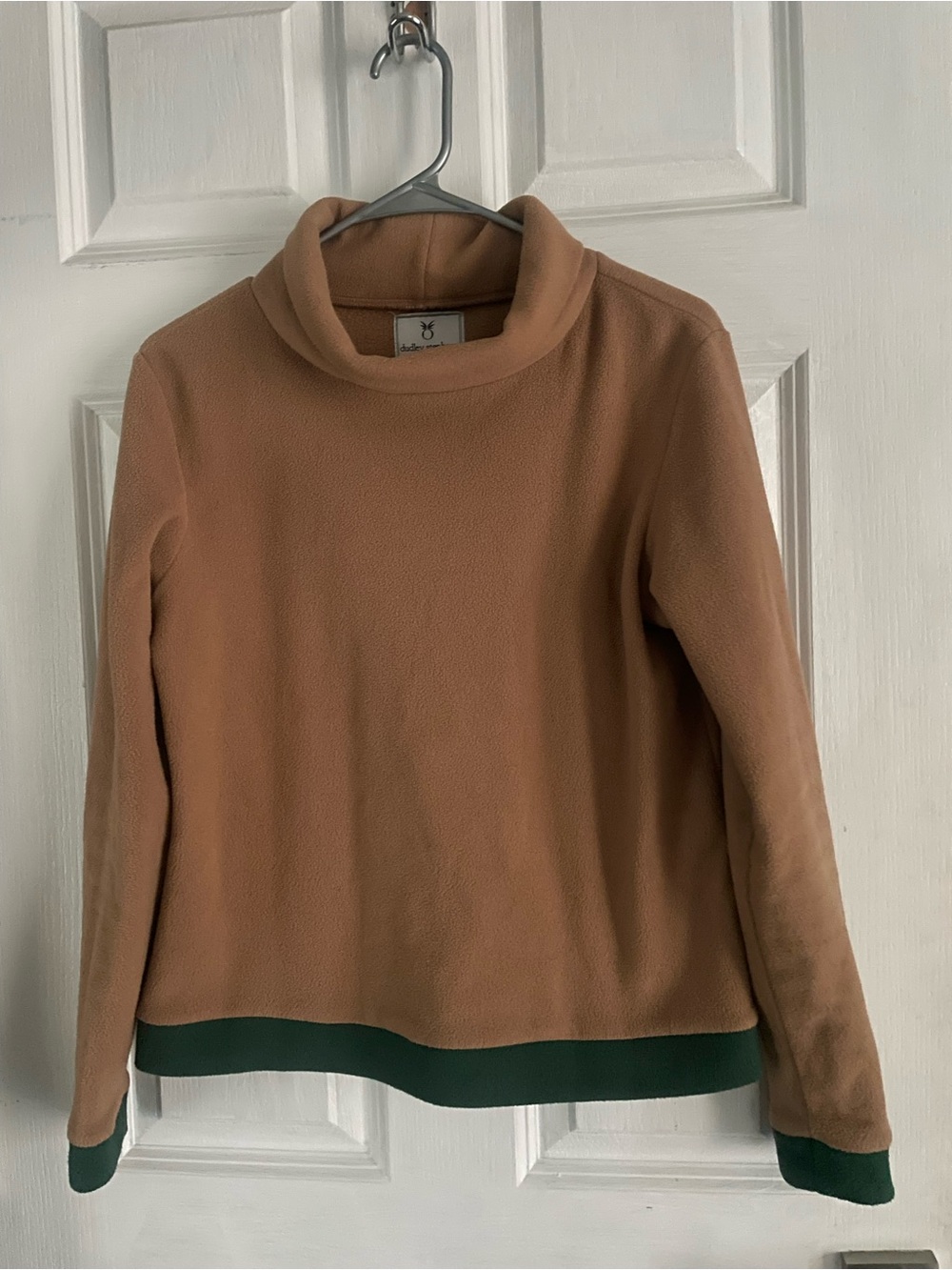 Dudley Stephens Camel Vello Fleece Turtleneck Pullover Green Trim